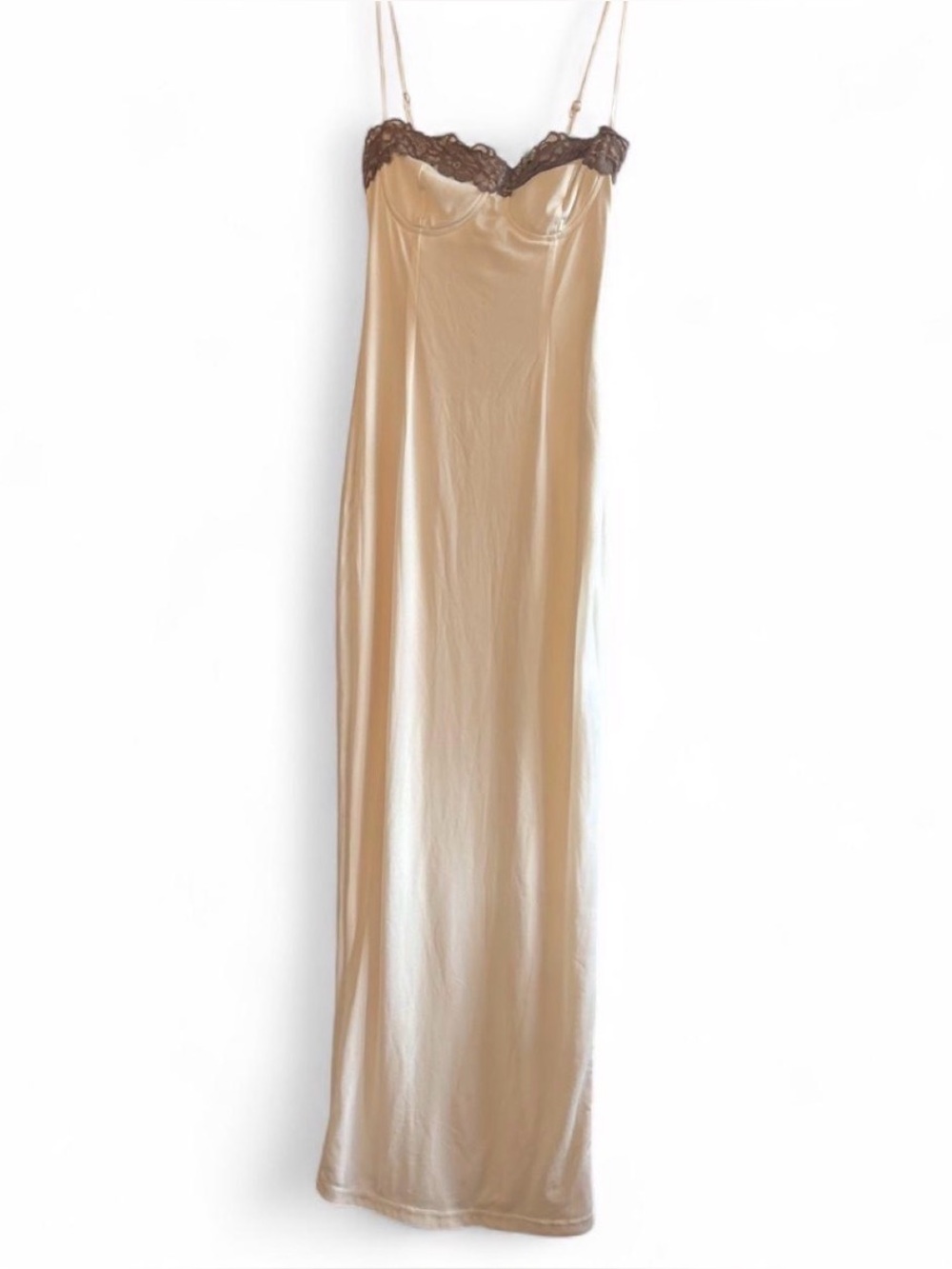 Fashion Nova Champagne Maxi Slip Dress with Brown Lace